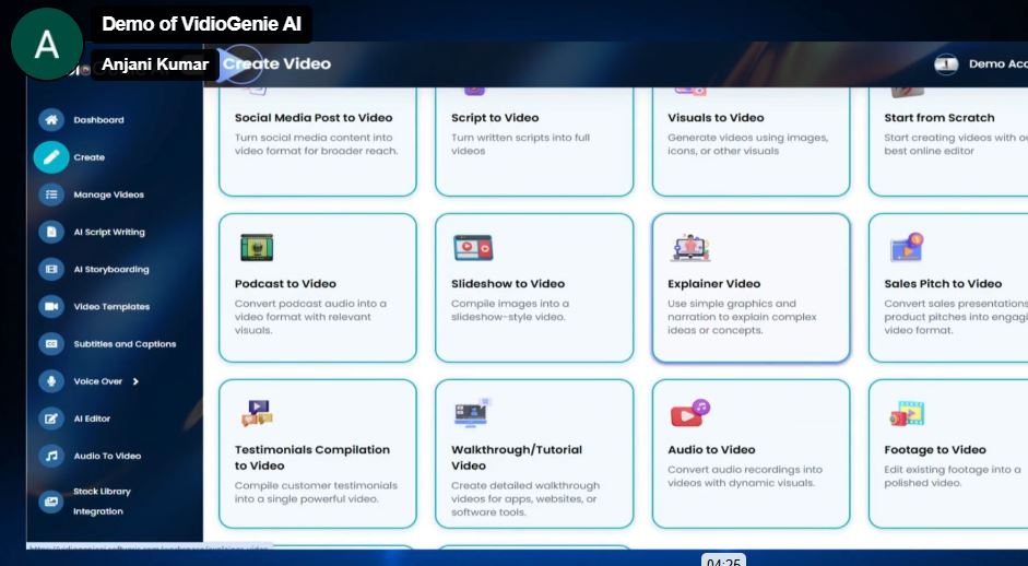 vidio genie explainer video option inside the tool dashboard