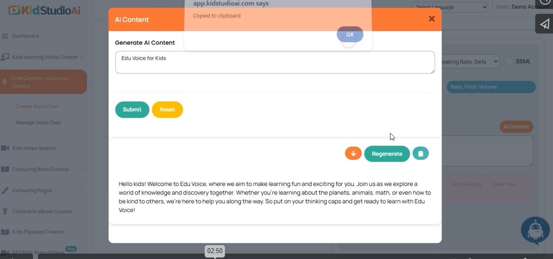 kidstudionai inside the tool ai content option