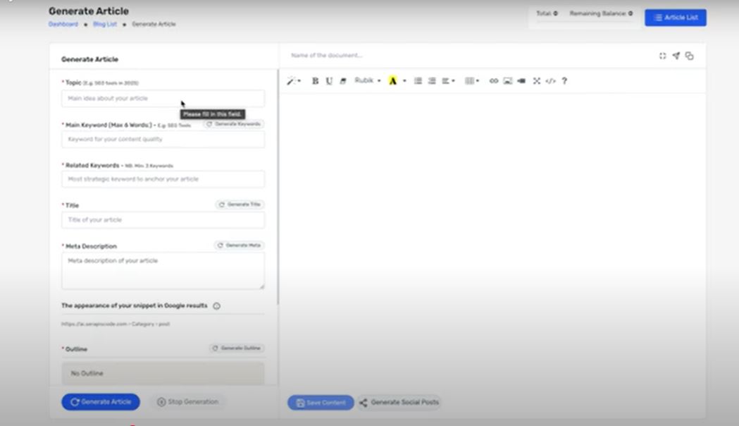 toolsync ai generate article option inside the app