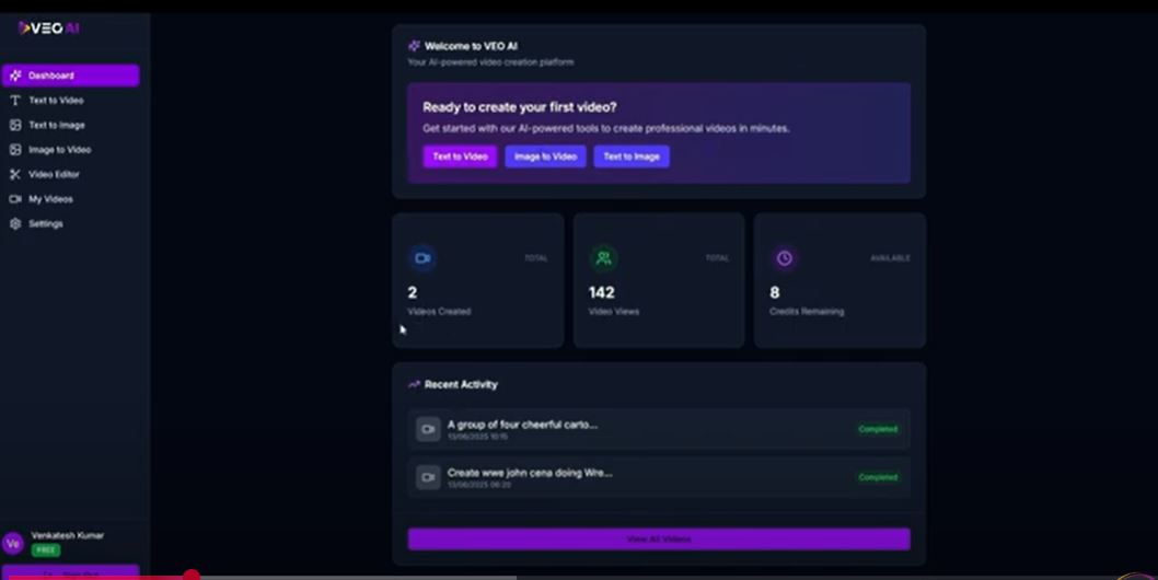 veo ai dashbord welcome area
