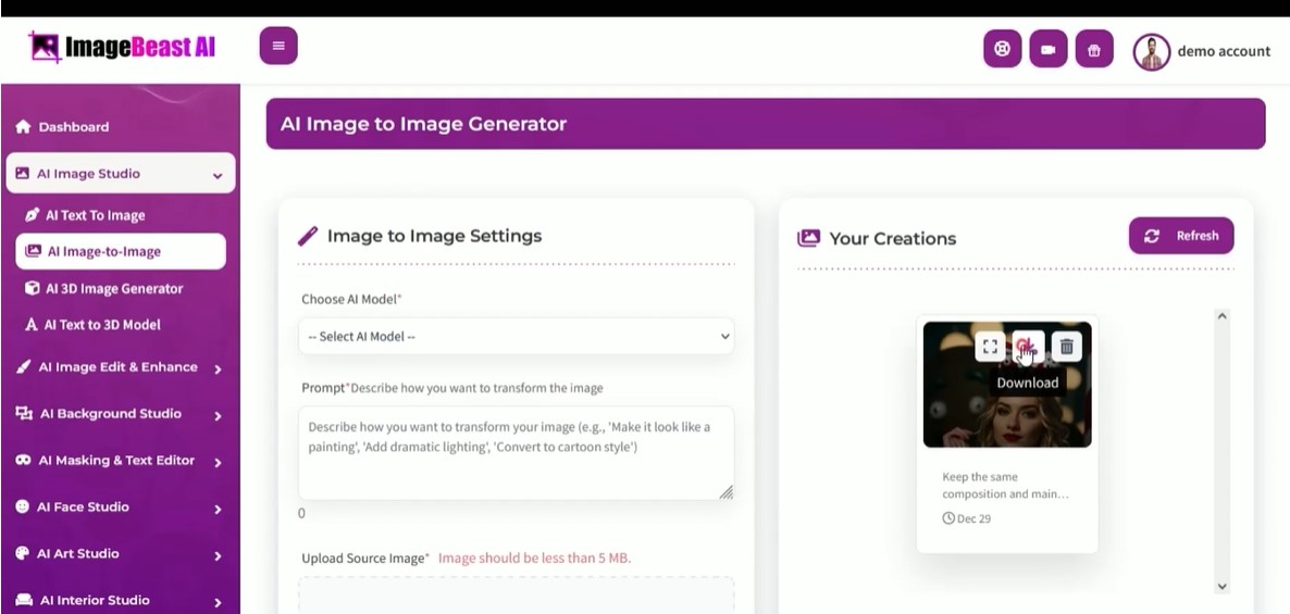 imagebeast ai inside the tool dashboard