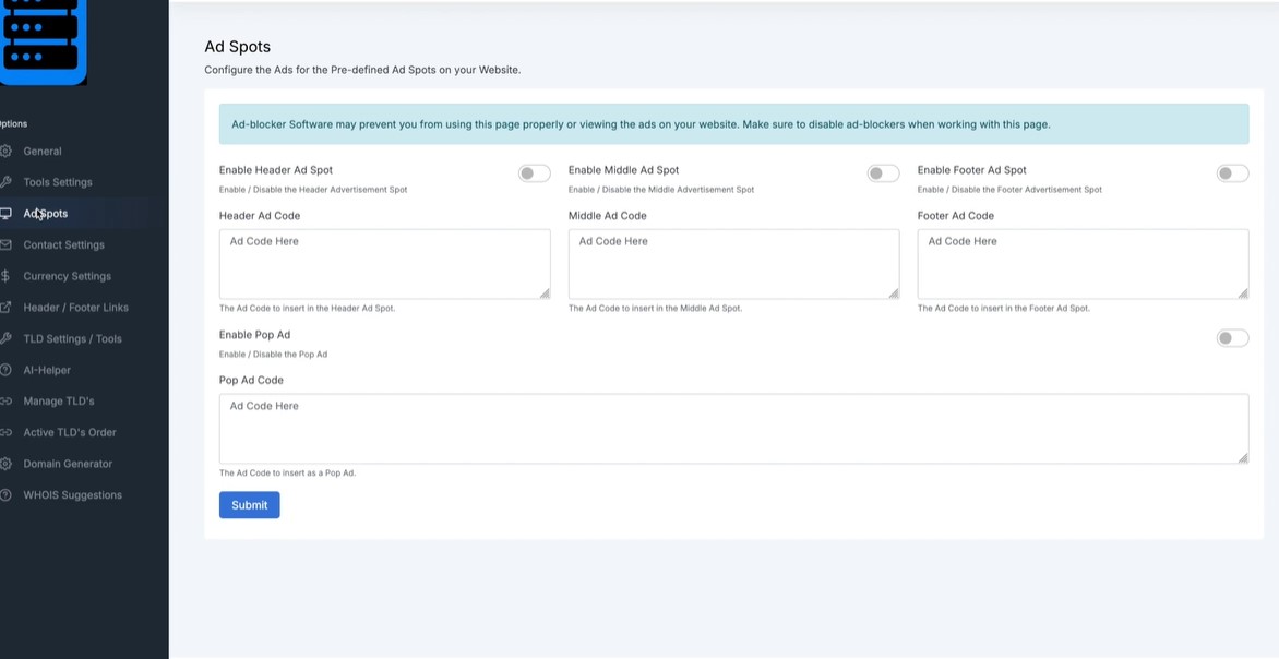 adspots option inside the domaincor 2 dashboard