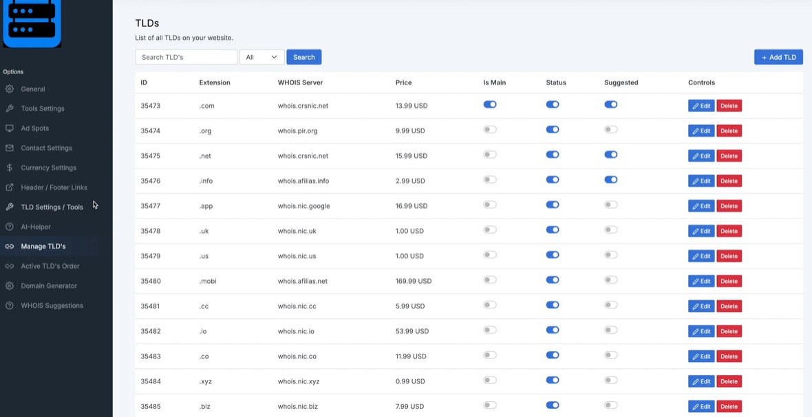domainrac 2 inside the app dashboard tld's option