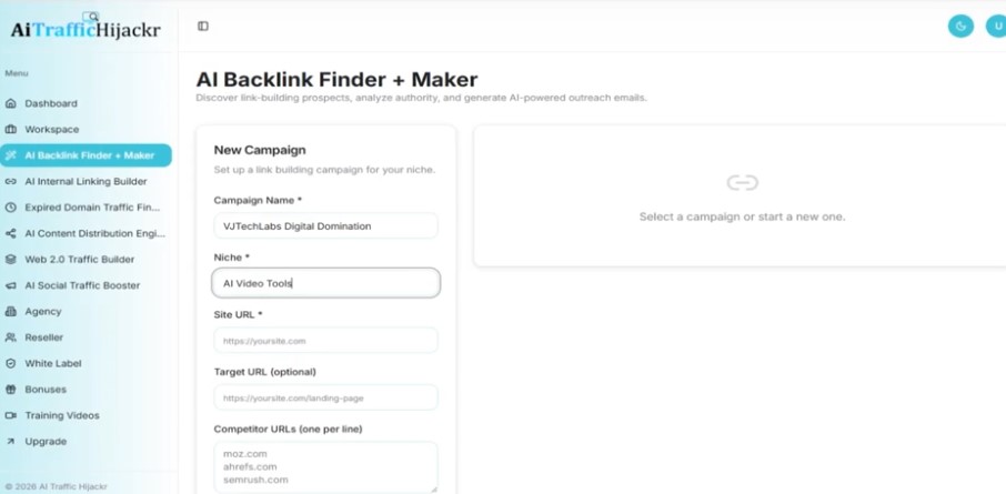 Dashboard for AI backlink campaign creation