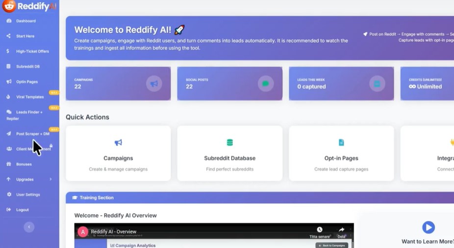 inside the tool dashborde reddify ai oto