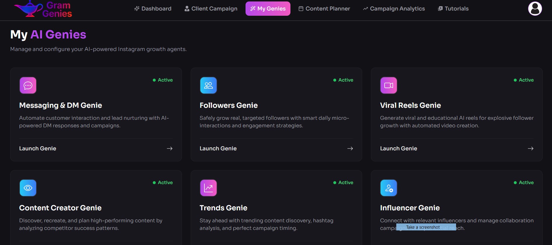 my experience Gram Genies dashboard app my genies option