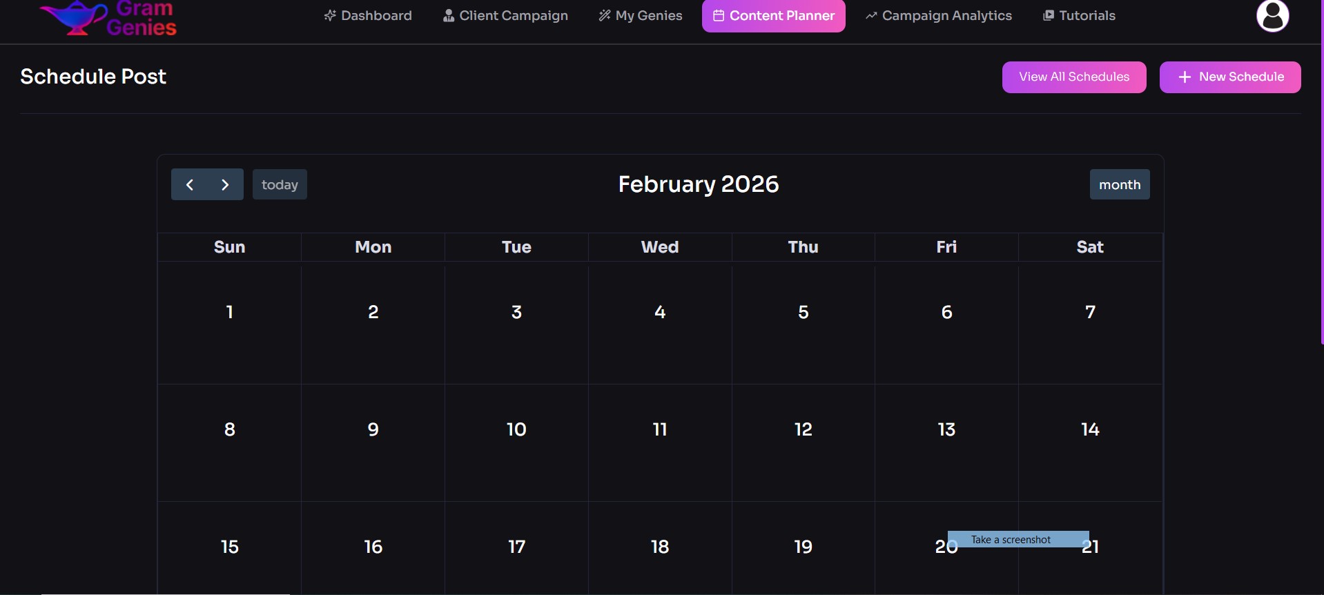 my experience content calender option inside gramGenies app