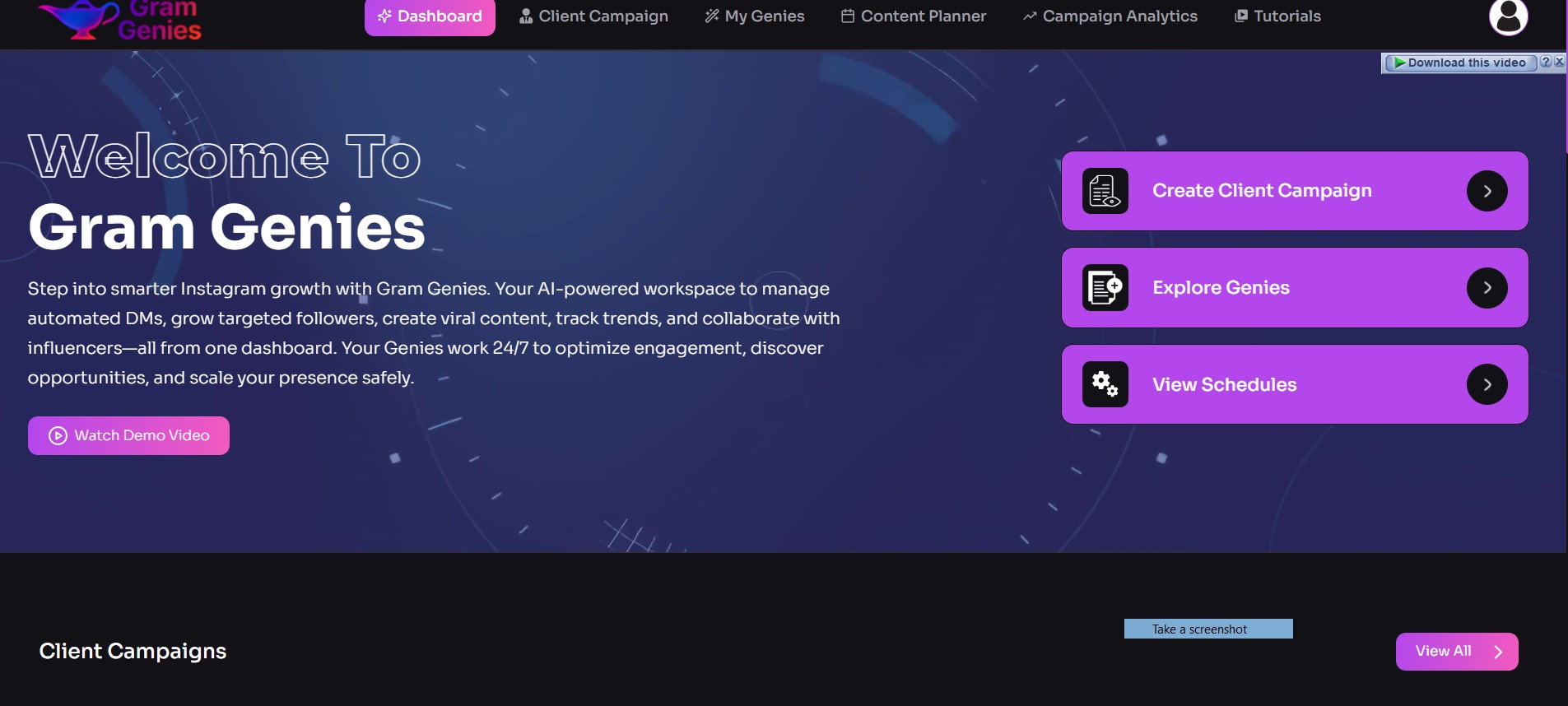 my experience inside gramGenies dashboard