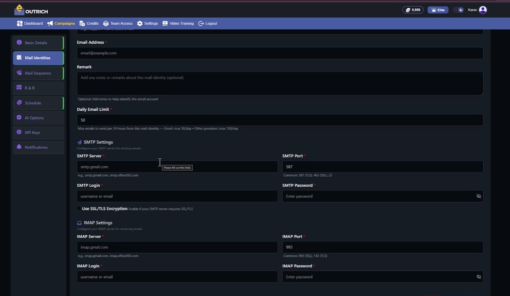 from inside outrech dashboard app email section